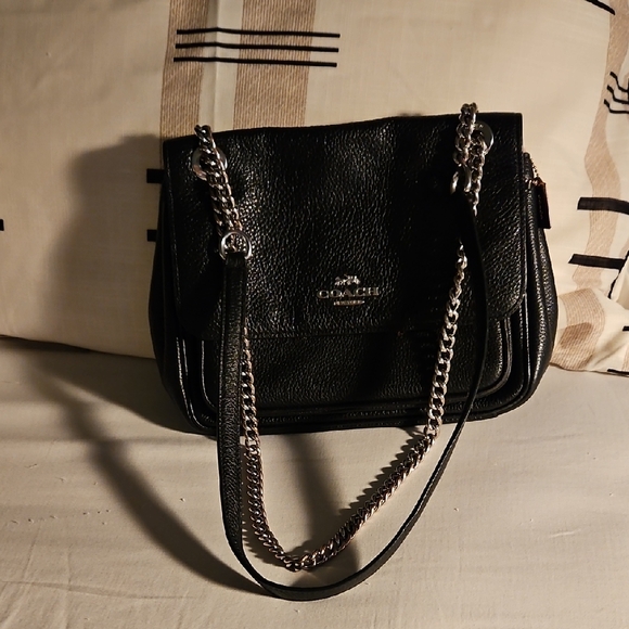 Coach Black Leather Shoulder Bag with Silver Chain